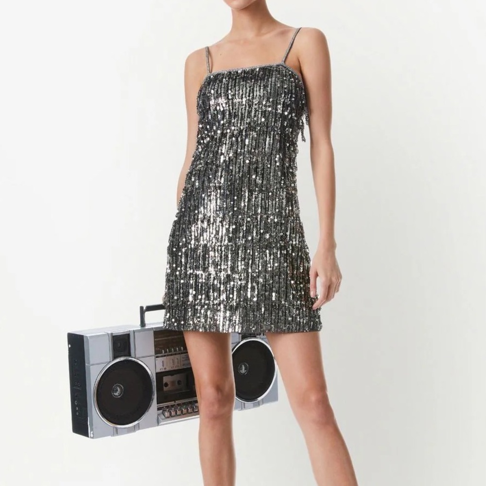 NWT Alice + Olivia Chicago Gunmetal Silver Sequin Fringe Flapper Mini Dress Sz 6 - Picture 10 of 17